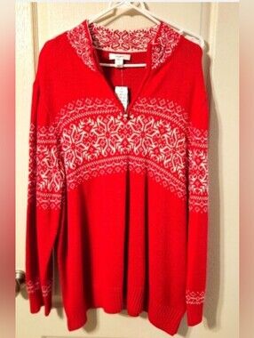 CJ Banks Fair Isle Red White Partial Zip Sweater Plus Size 3X NWT Nordic Classic